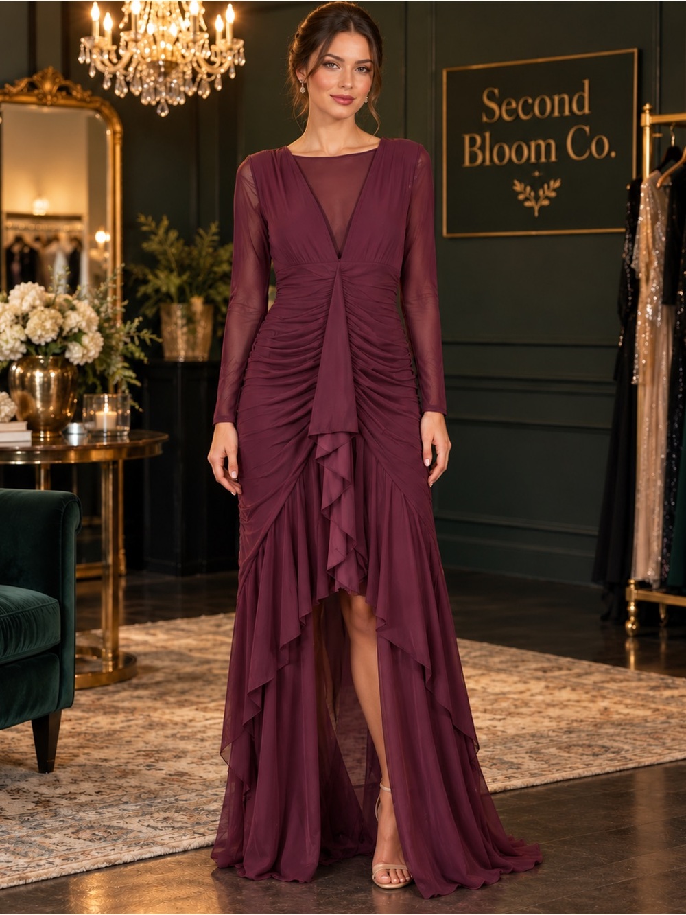 Unbranded Plum Ruched V-Neck Long Sleeve Maxi Dress Size L